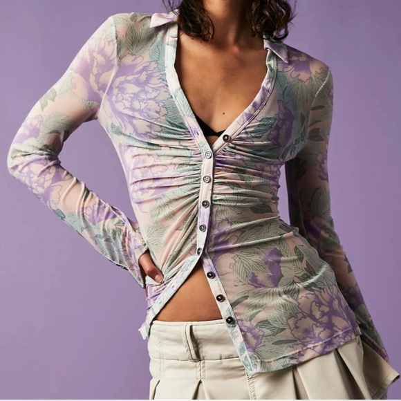 Free People Purple and Green Ruched Button Down Shirt - Picture 1 of 13